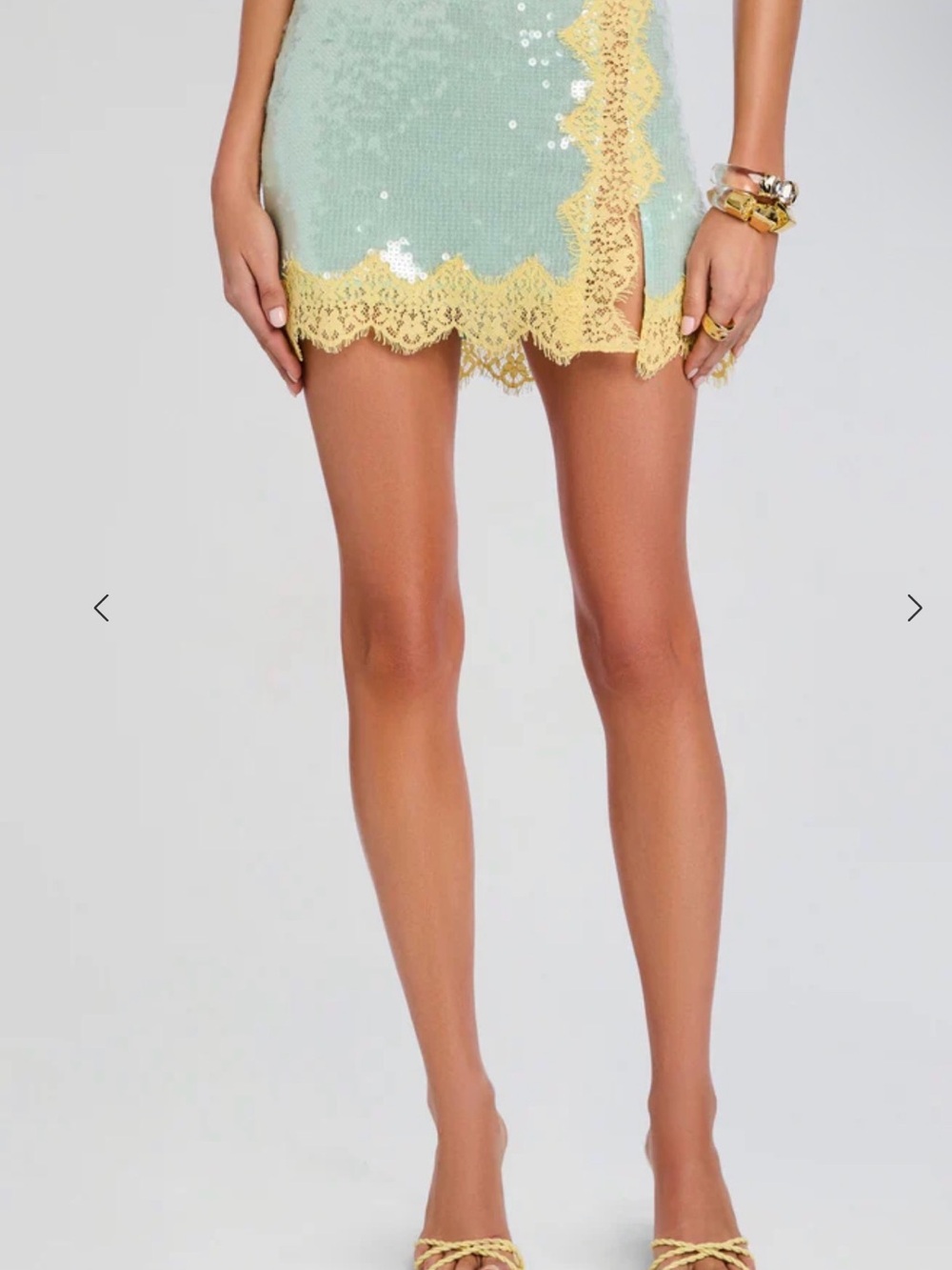 Retrofete Mint Sequin Mini Skirt with Yellow Lace Trim